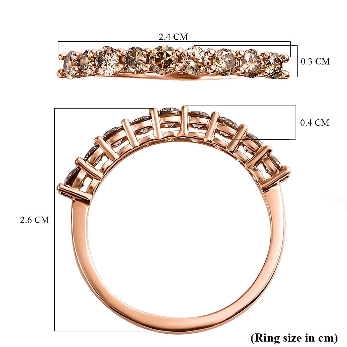9K Rose Gold Natural Champagne Diamond Half Eternity Ring 1.00 Ct.