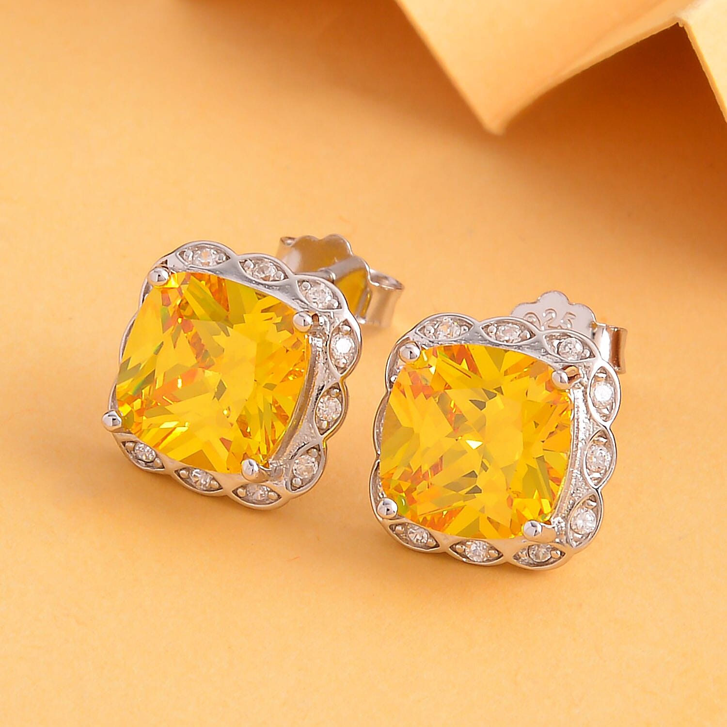 Simulated Canary Yellow Diamond and Simulated Diamond Earrings (With Push Back) in Rhodium Overlay Sterling Silver
