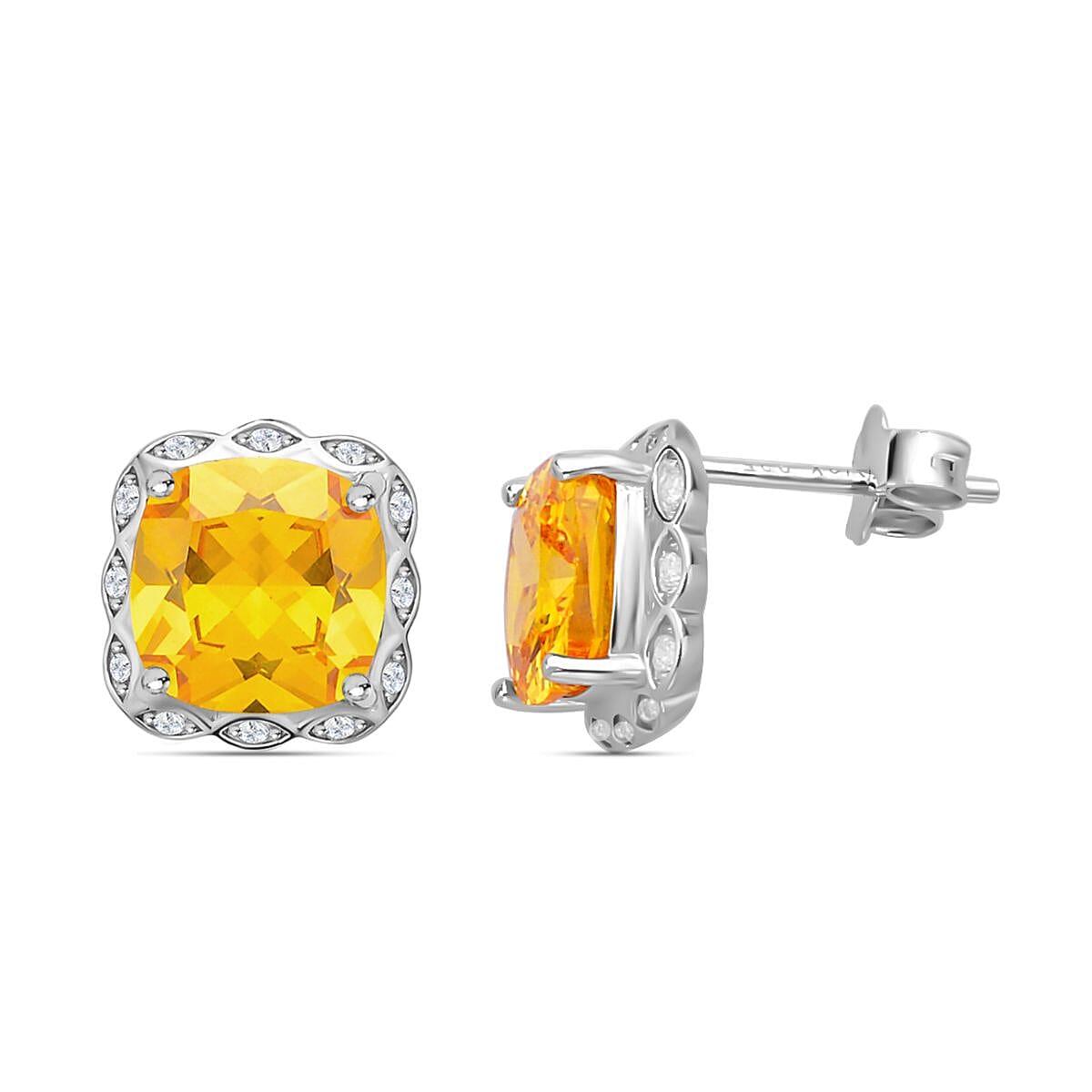 Simulated Canary Yellow Diamond and Simulated Diamond Earrings (With Push Back) in Rhodium Overlay Sterling Silver