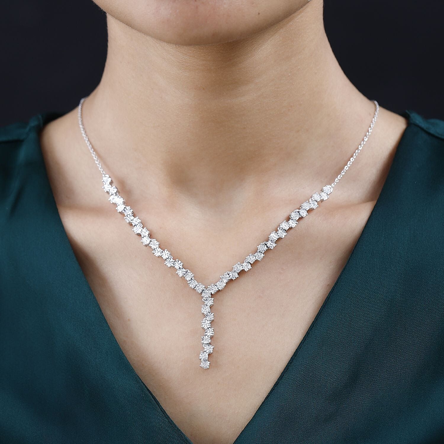 Red Carpet Collection - Diamond Necklace (Size - 18) in Platinum Overlay Sterling Silver 0.16 Ct, Silver Wt. 11.80 Gms.