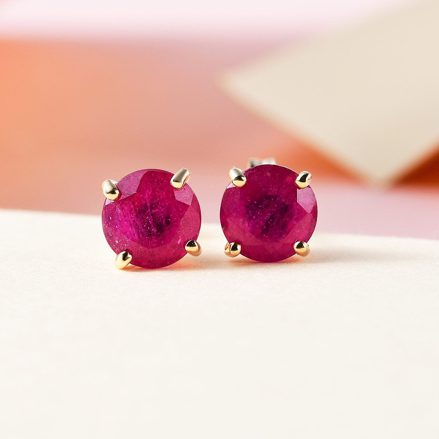 9K Yellow Gold African Ruby Stud Earrings (with Push Back) 2.614 Ct.