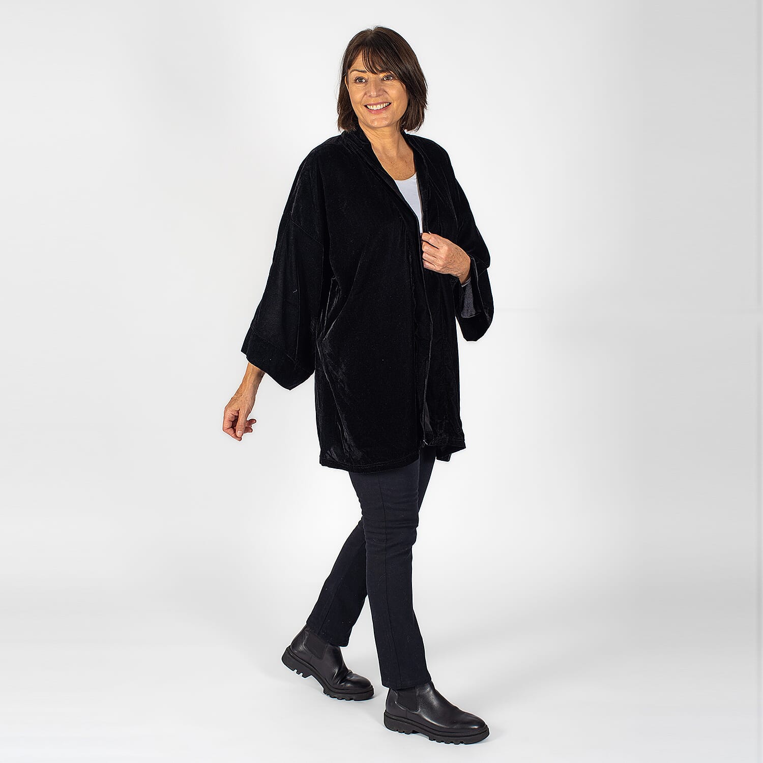Tamsy Polyester Solid Kimono - Black