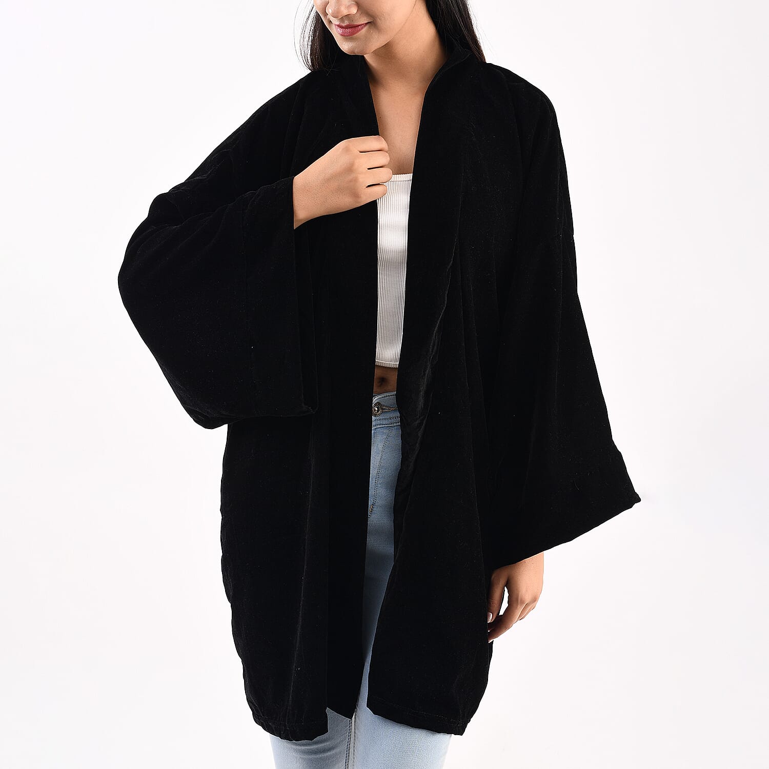 Tamsy Polyester Solid Kimono - Black