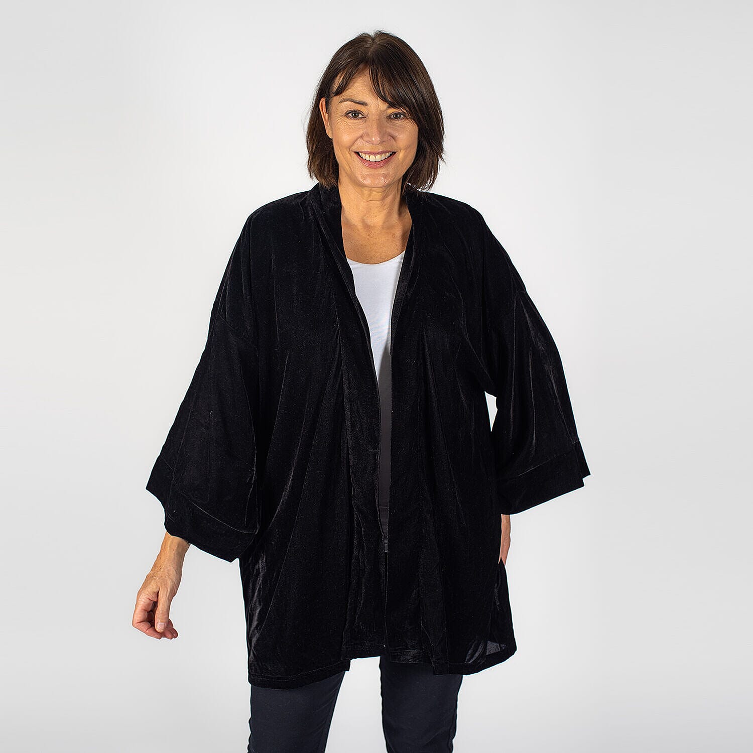 Tamsy Polyester Solid Kimono - Black