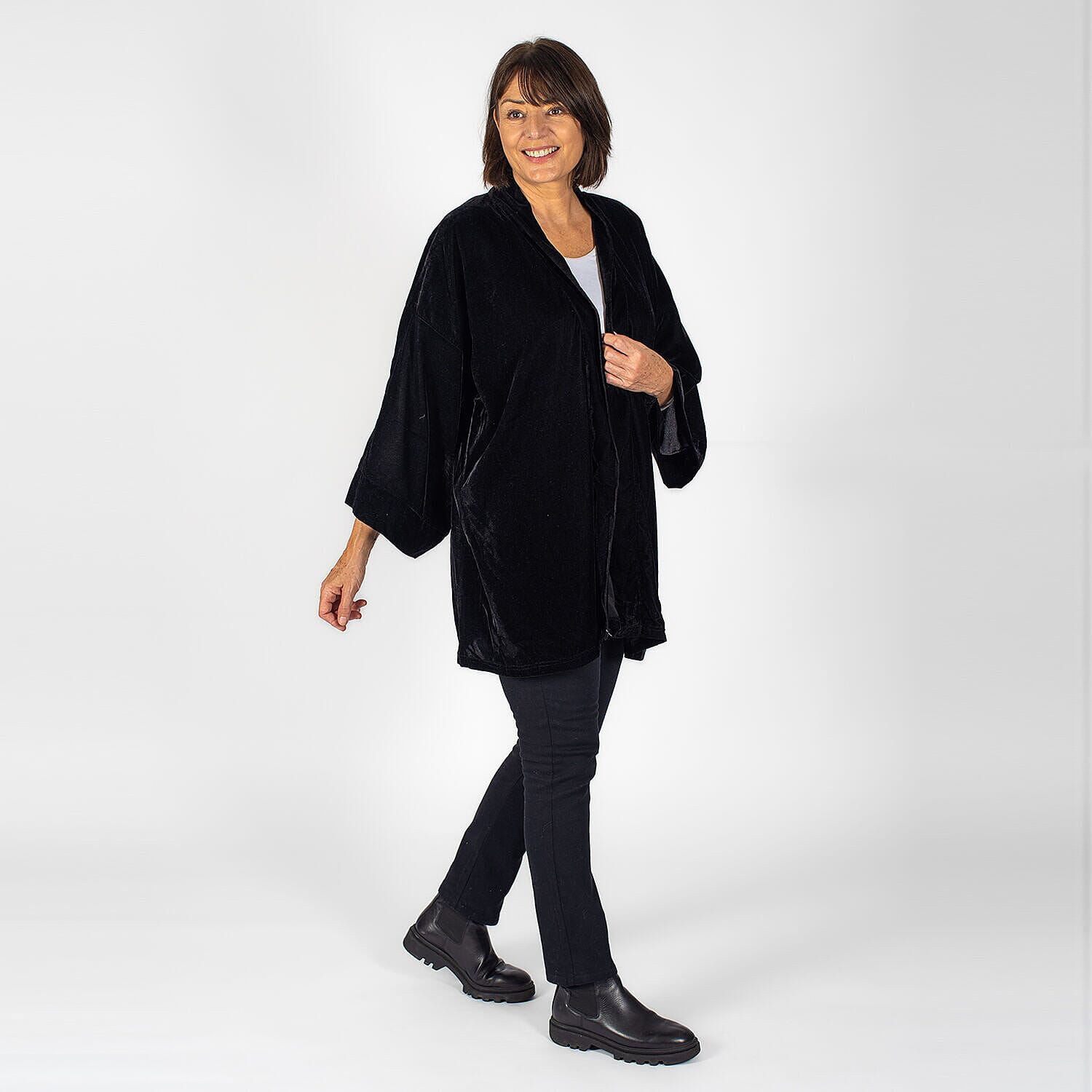 Tamsy Polyester Solid Kimono - Black