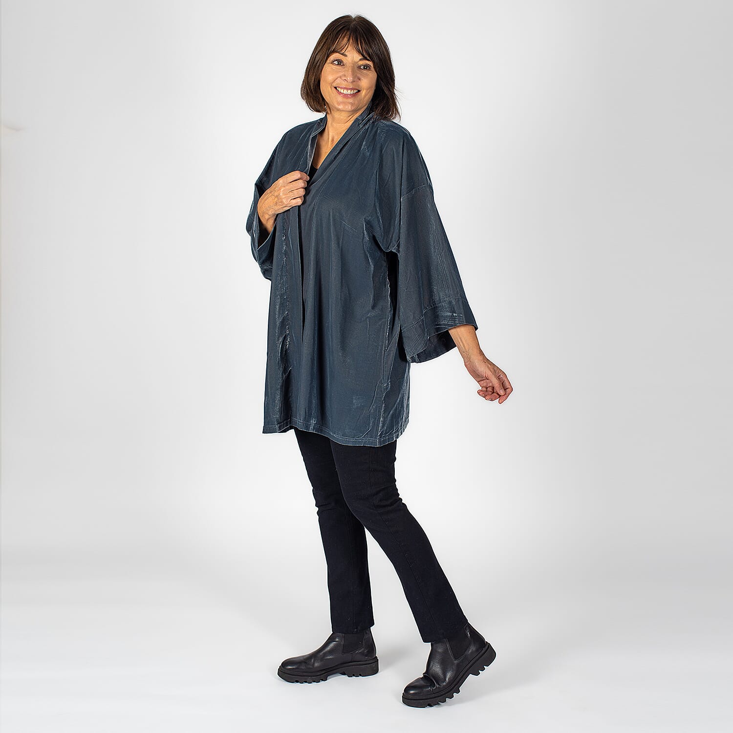 Tamsy Polyester Solid Kimono - Black