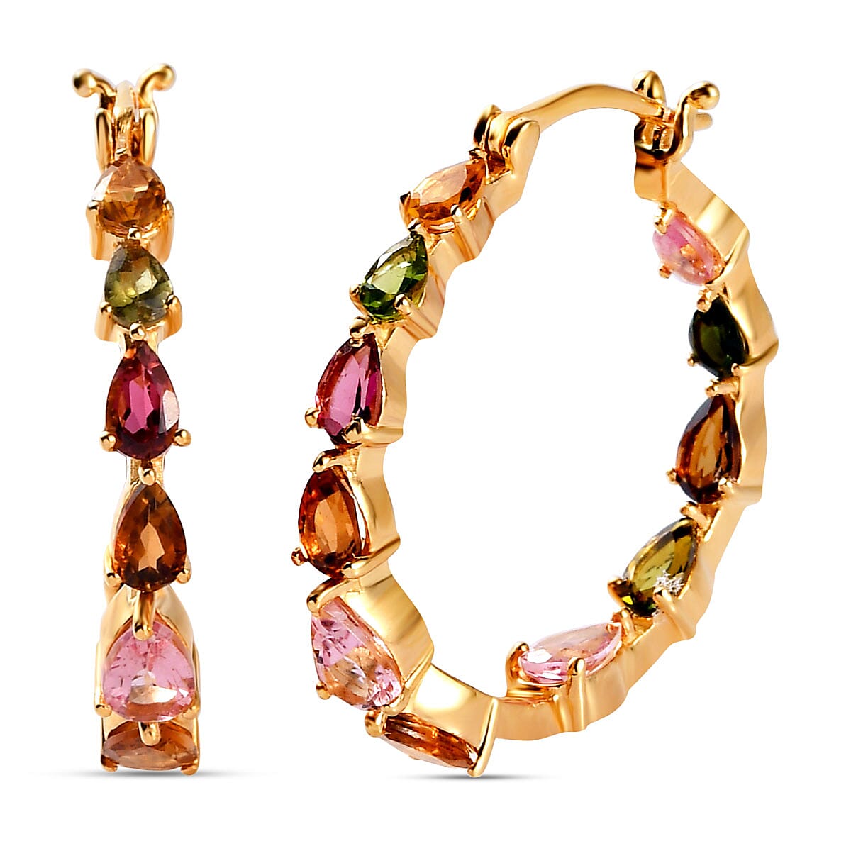 Multi-Tourmaline Hoop Earrings in Vermeil Yellow Gold Overlay Sterling Silver 5.48 Ct, Silver Wt. 5.20 Gms