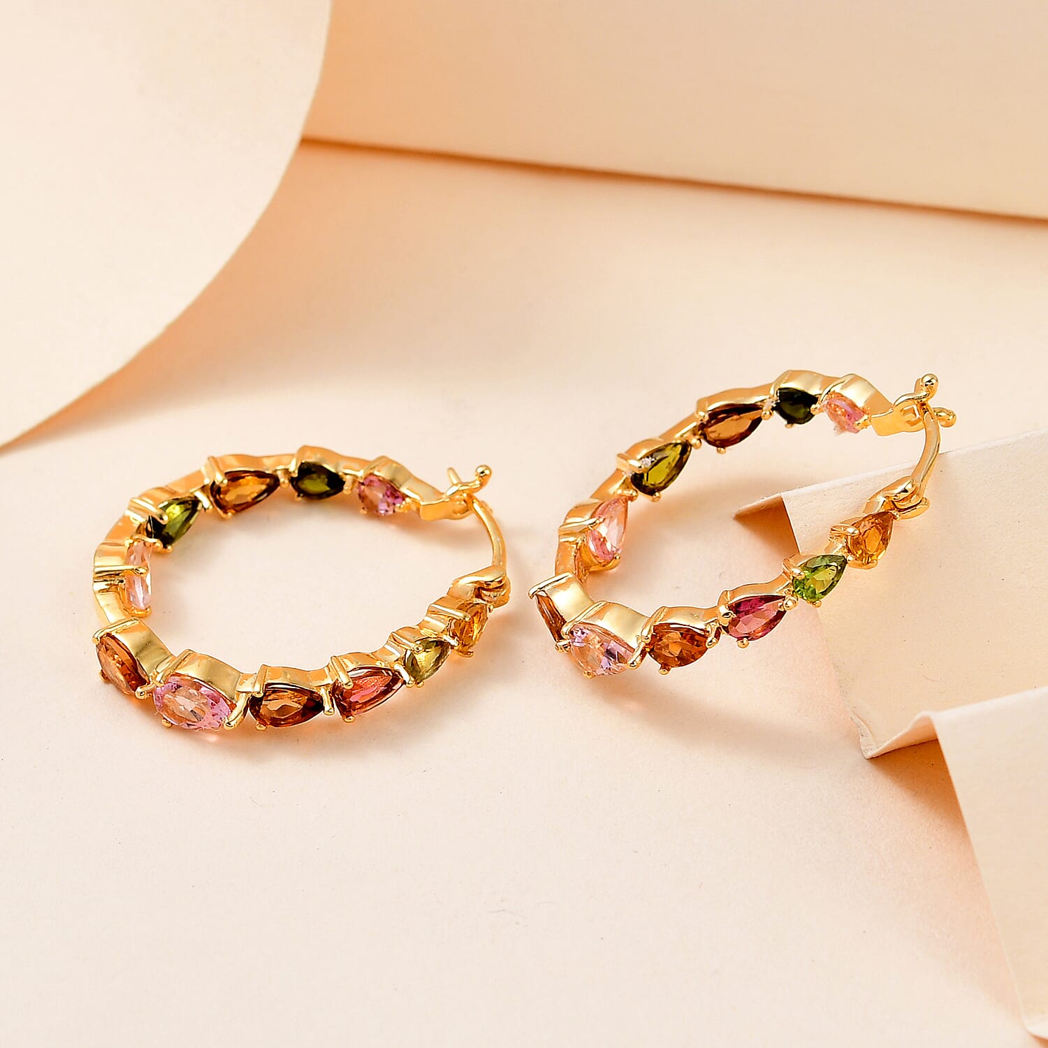 Multi-Tourmaline Hoop Earrings in Vermeil Yellow Gold Overlay Sterling Silver 5.48 Ct, Silver Wt. 5.20 Gms