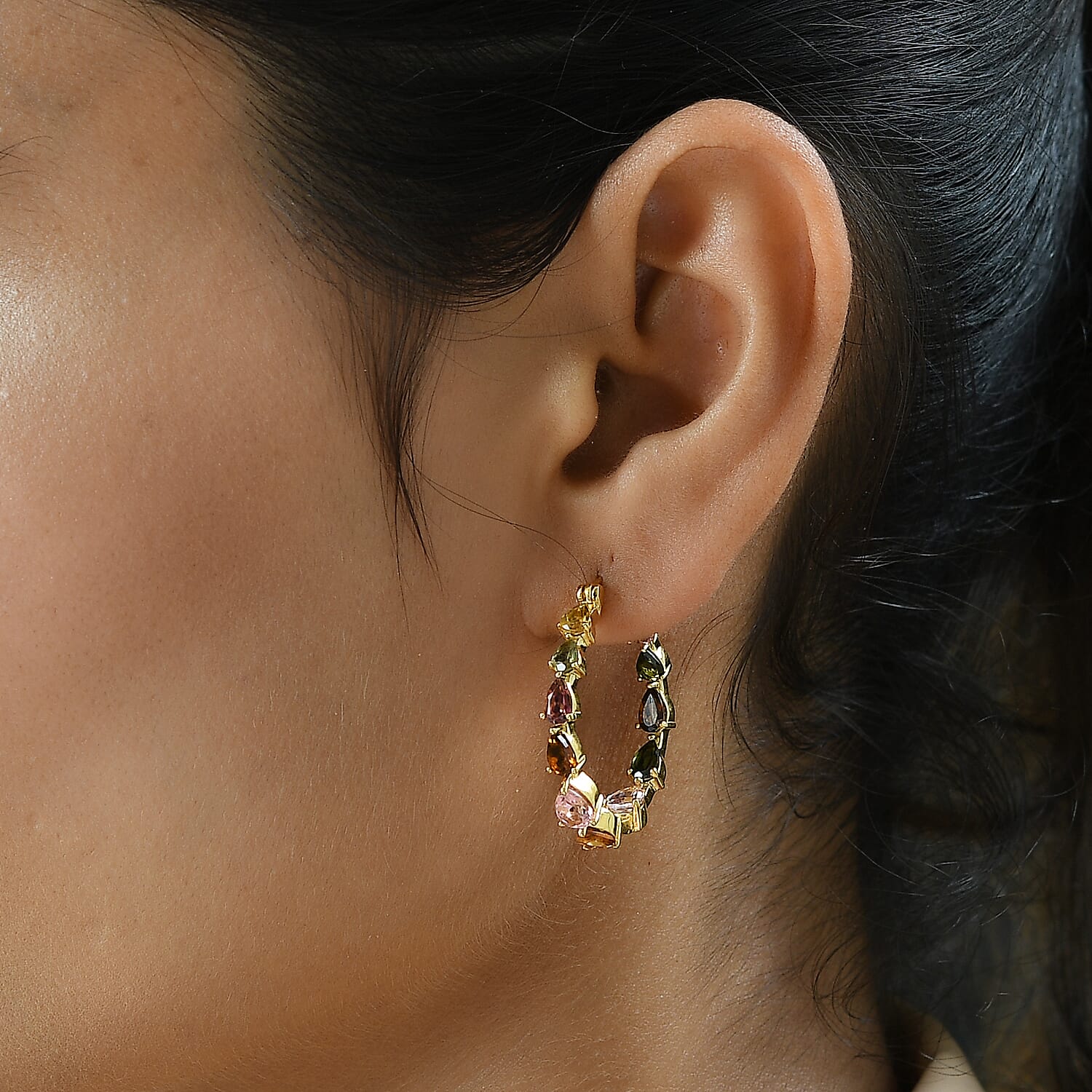 Multi-Tourmaline Hoop Earrings in Vermeil Yellow Gold Overlay Sterling Silver 5.48 Ct, Silver Wt. 5.20 Gms