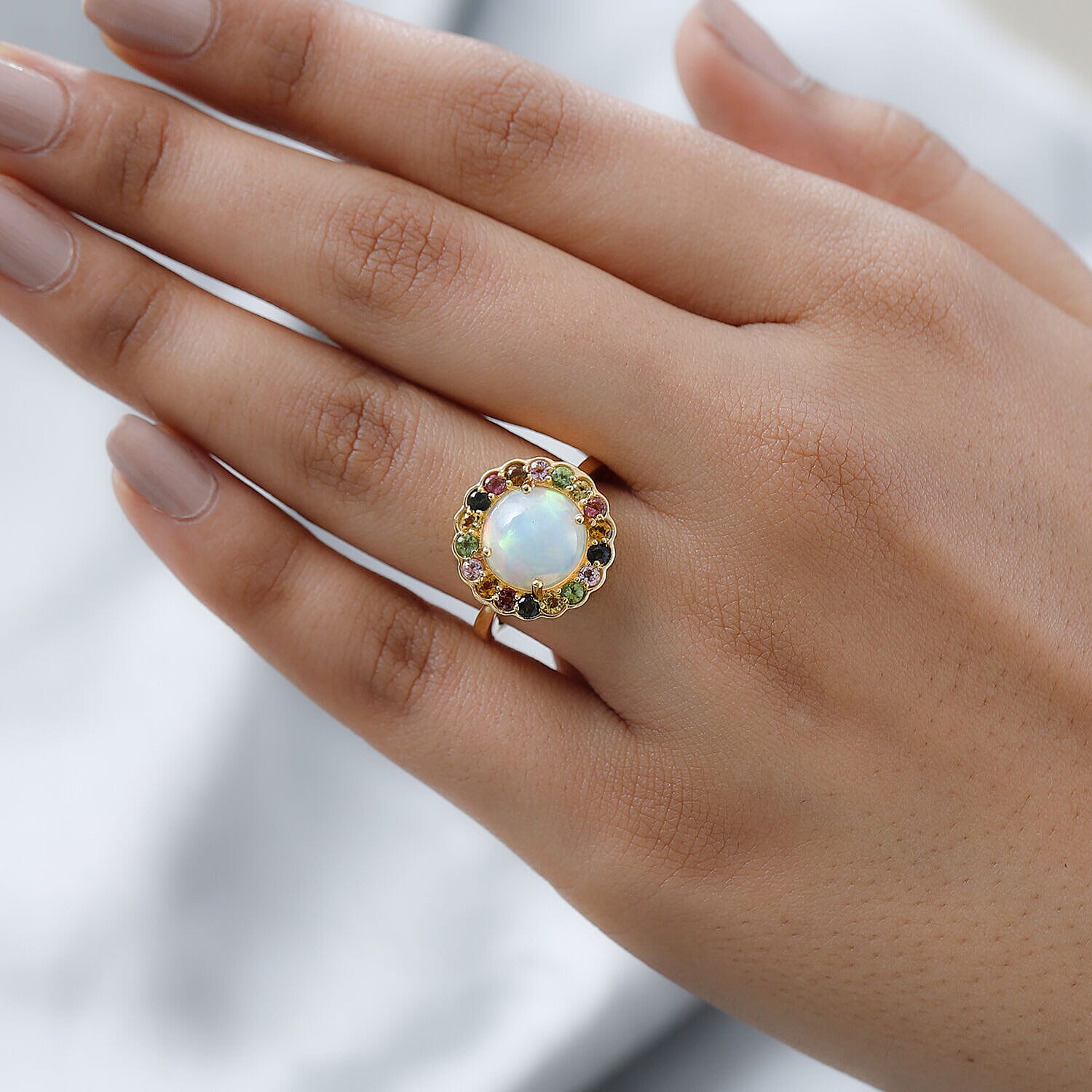 Ethiopian Welo Opal and Multi-Tourmaline Ring in 18K Vermeil Yellow Gold Plated Sterling Silver 3.00 Ct