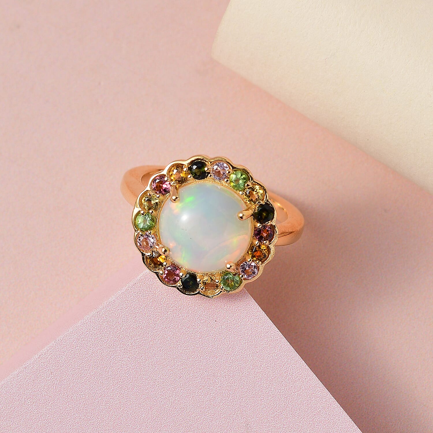 Ethiopian Welo Opal and Multi-Tourmaline Ring in 18K Vermeil Yellow Gold Plated Sterling Silver 3.00 Ct