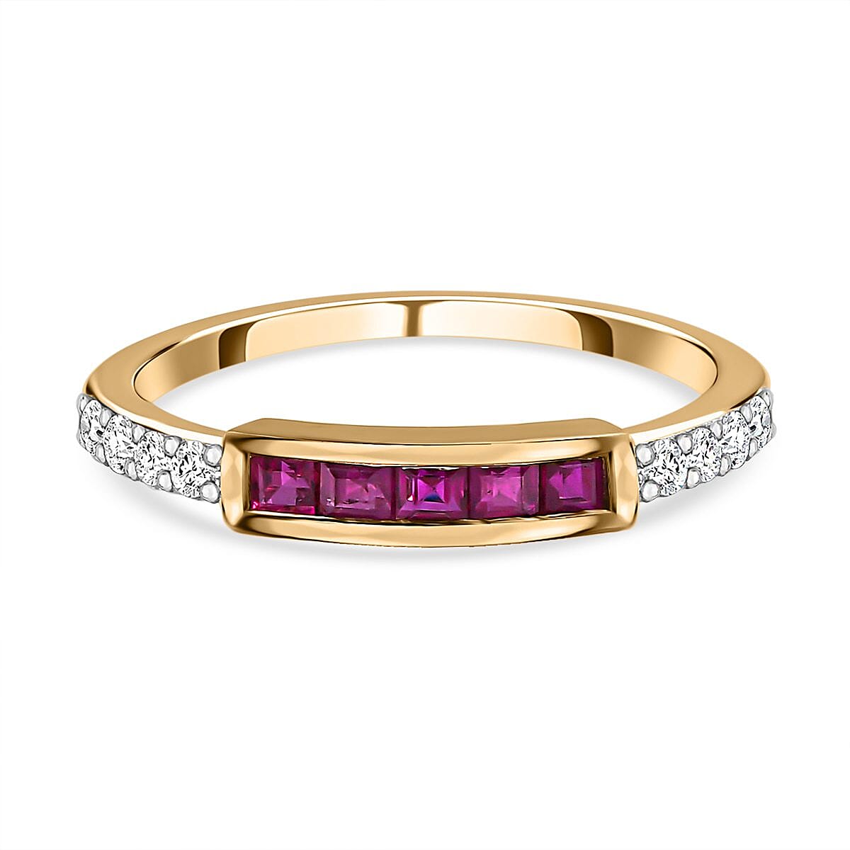 9K Yellow Gold Ruby and Moissanite Band Ring