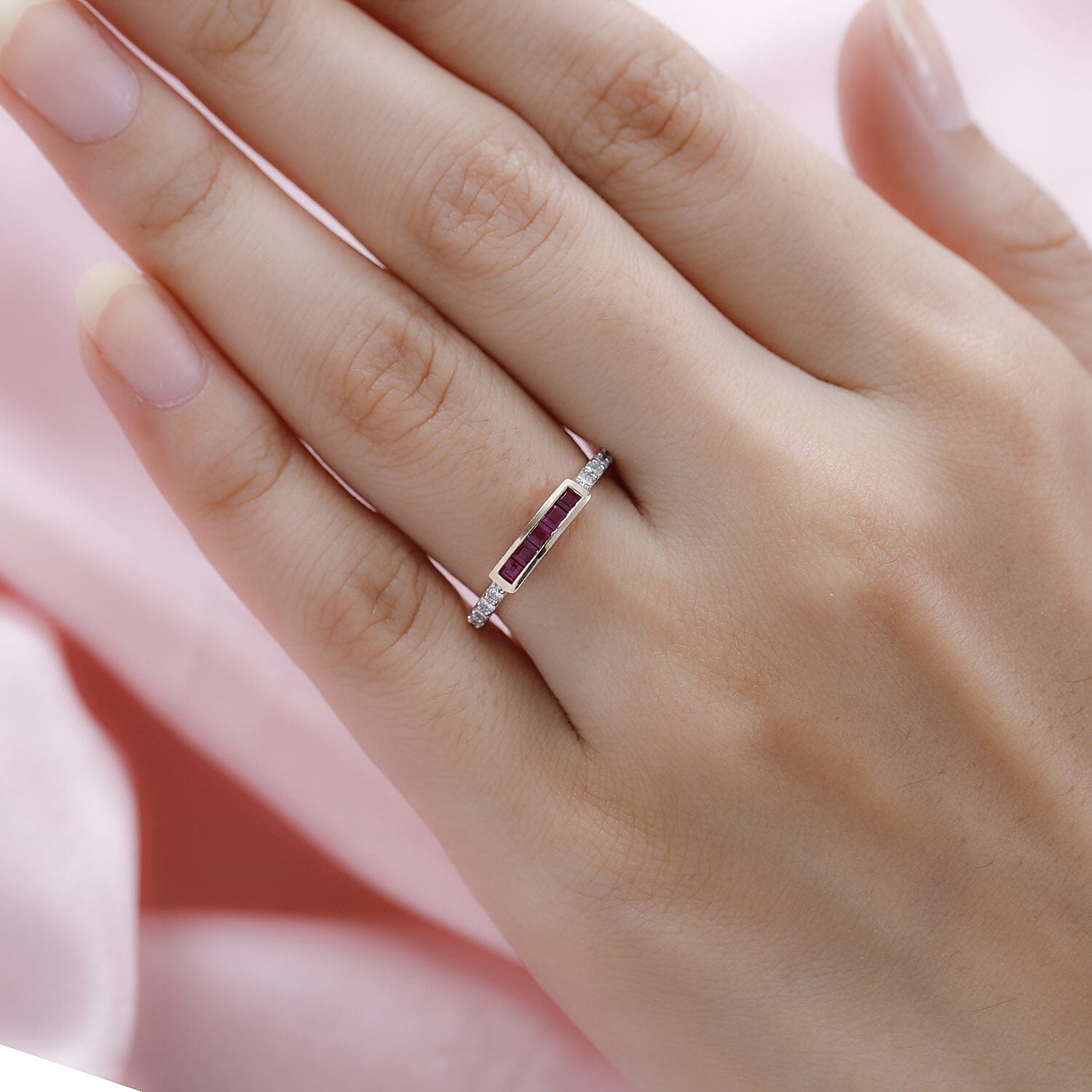 9K Yellow Gold Ruby and Moissanite Band Ring