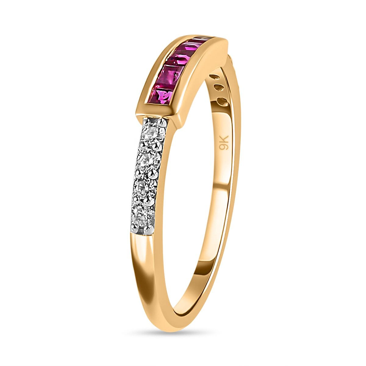 9K Yellow Gold Ruby and Moissanite Band Ring