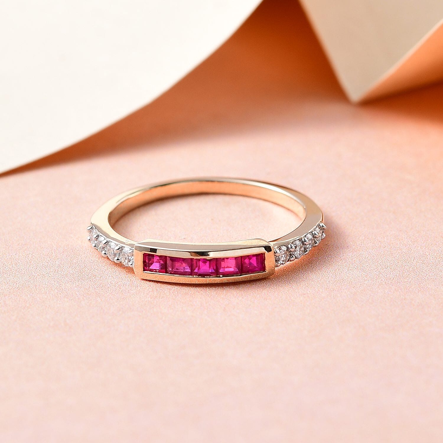 9K Yellow Gold Ruby and Moissanite Band Ring
