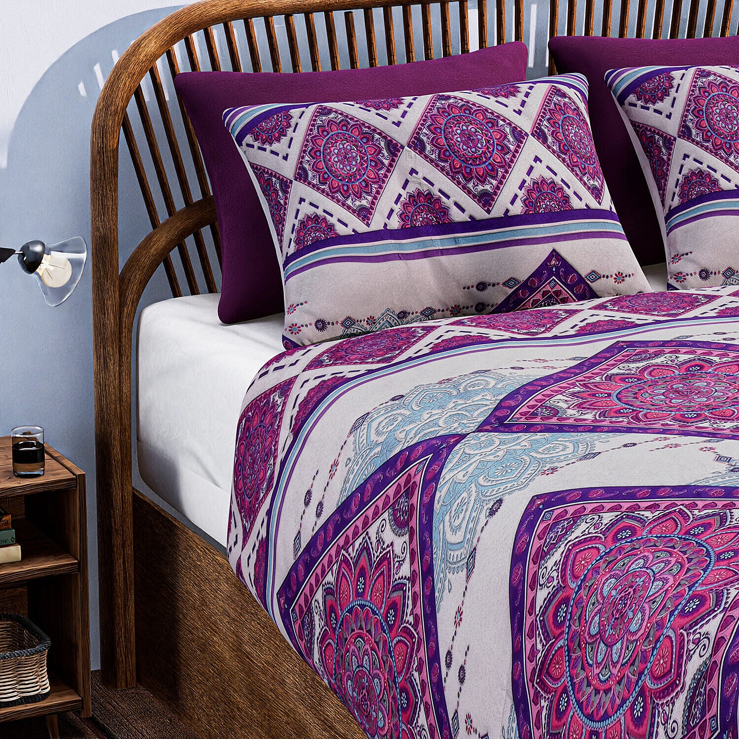 3 Piece Set - Bohemian Pattern Comforter with 2 Pillow Cases (DoubleSize, 200x200 cm) - Purple