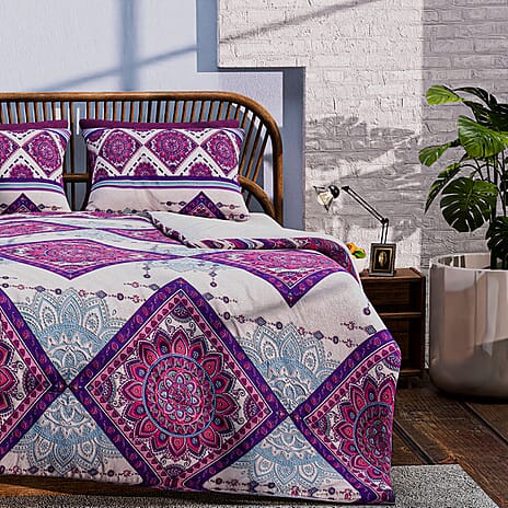 3 Piece Set - Bohemian Pattern Summer Weight Comforter with 2 Pillow Cases (Double Size) - Light Pink and Purple