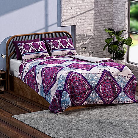 3 Piece Set - Bohemian Pattern Summer Weight Comforter with 2 Pillow Cases (king Size) - Light Pink and Purple