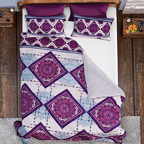 3 Piece Set - Bohemian Pattern Summer Weight Comforter with 2 Pillow Cases (king Size) - Light Pink and Purple