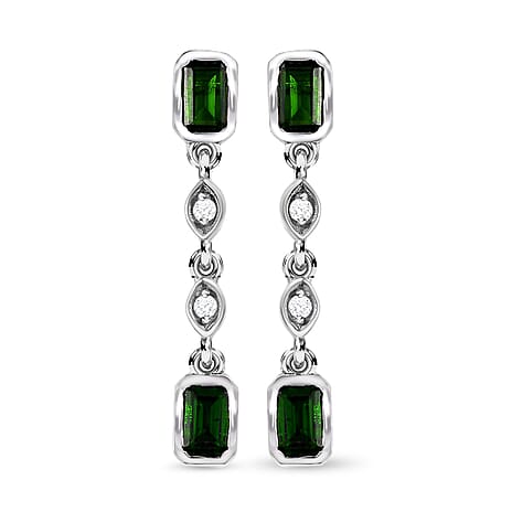 Natural Chrome Diopside & Natural Cambodian Zircon Dangling Push Back Earrings in Platinum Overlay Sterling Silver 1.30 Ct.