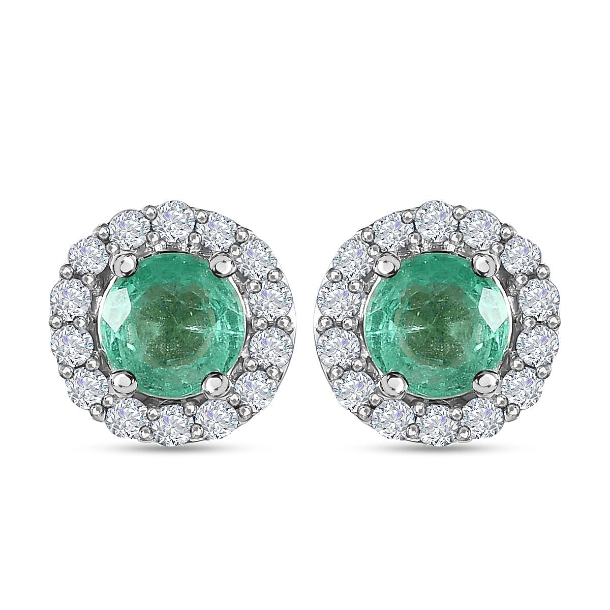 9K White Gold  AA  Colombian Emerald and Diamond Stud Halo Earrings (With Push Back) 0.70 ct