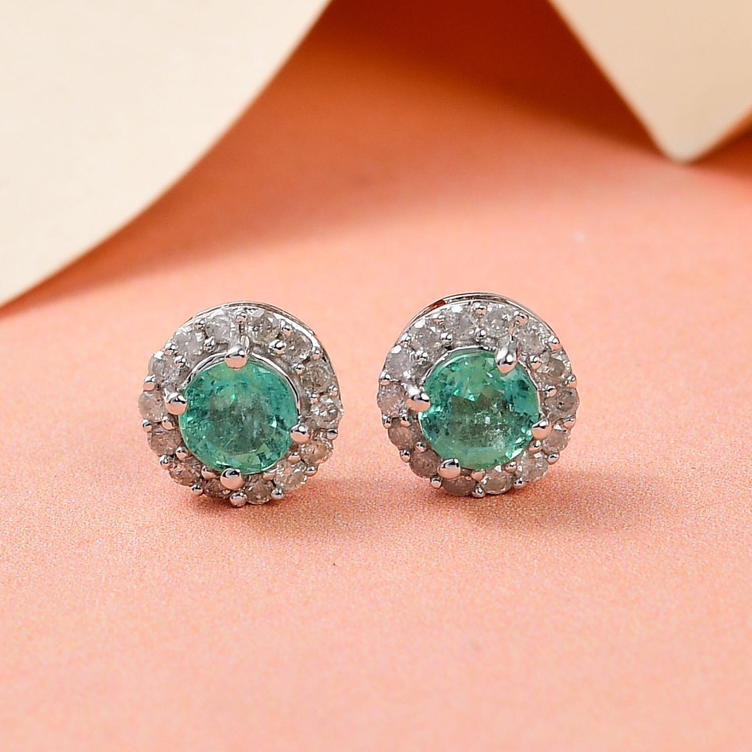 9K White Gold  AA  Colombian Emerald and Diamond Stud Halo Earrings (With Push Back) 0.70 ct