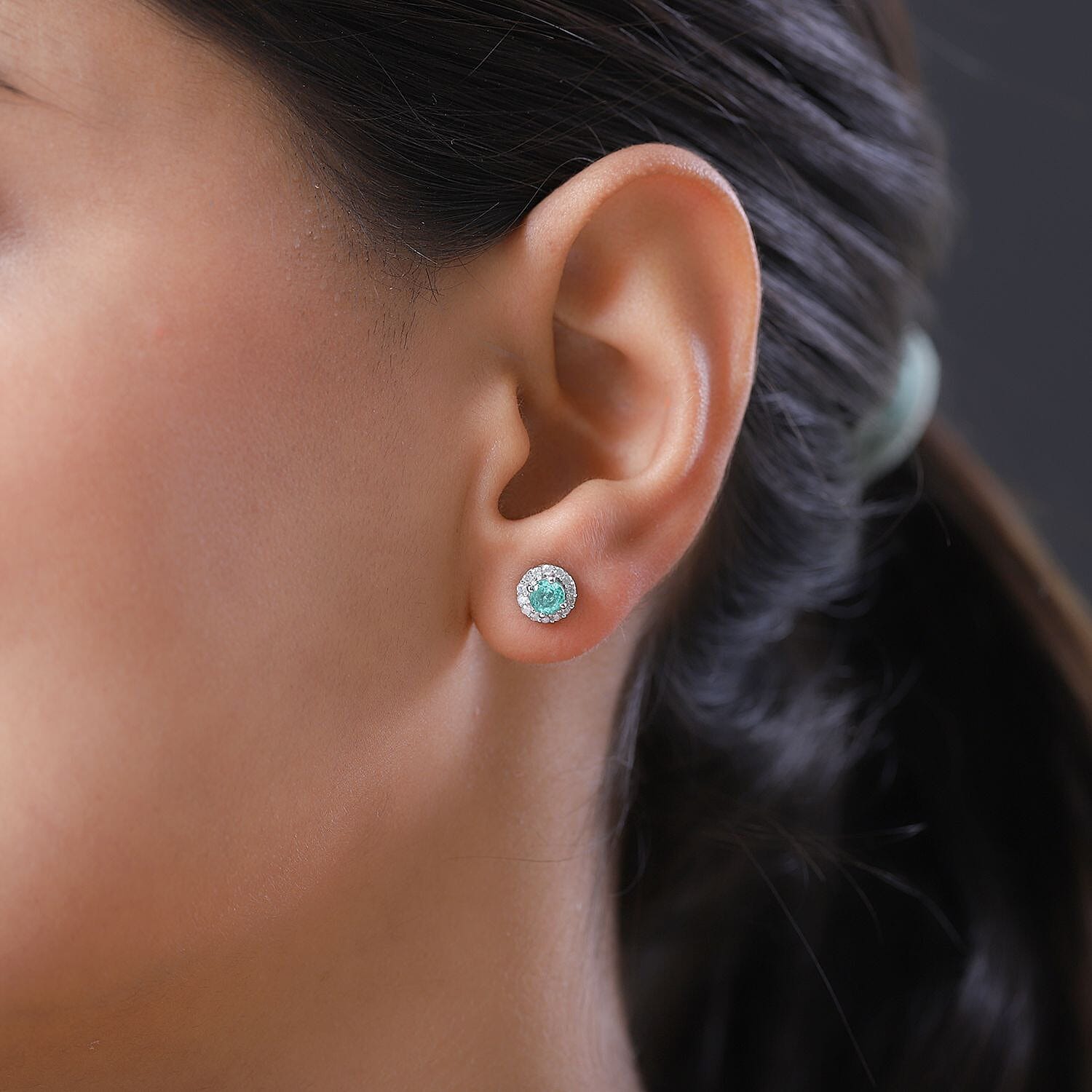 9K White Gold  AA  Colombian Emerald and Diamond Stud Halo Earrings (With Push Back) 0.70 ct