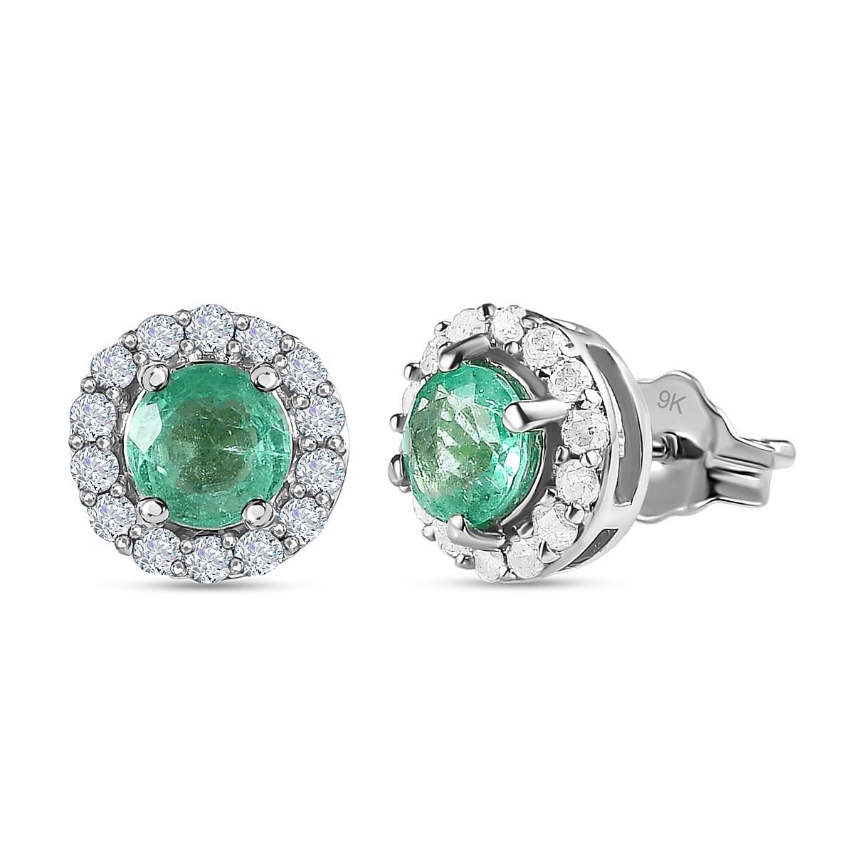 9K White Gold  AA  Colombian Emerald and Diamond Stud Halo Earrings (With Push Back) 0.70 ct