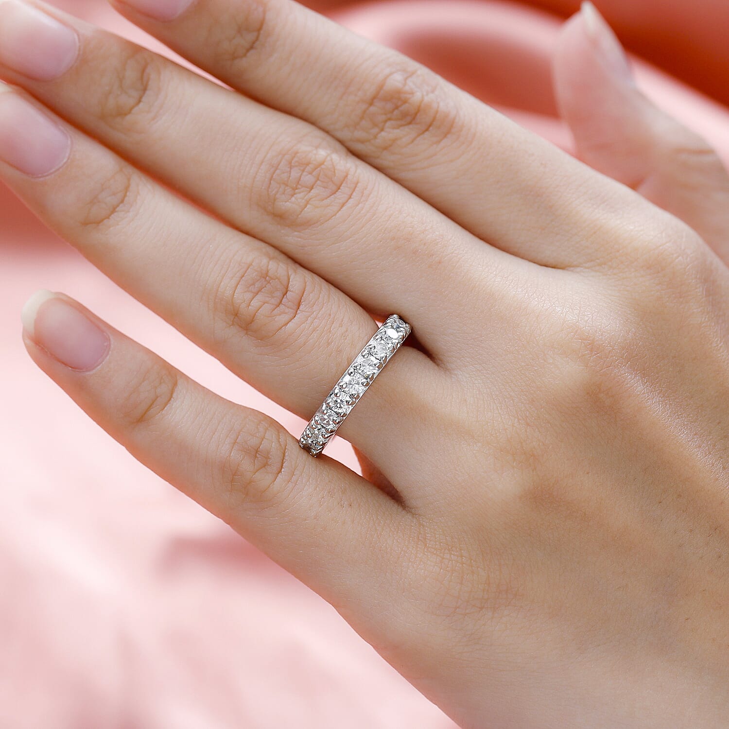 Moissanite Full Eternity Band Ring in Platinum Overlay Sterling Silver 1.84 Ct.