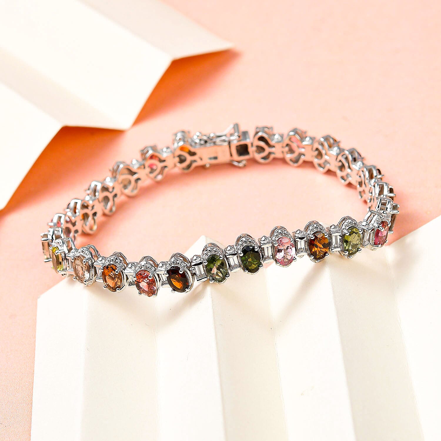 Multi-Tourmaline and Natural Cambodian Zircon Bracelet (Size - 7) in Platinum Overlay Sterling Silver 12.65 Ct.