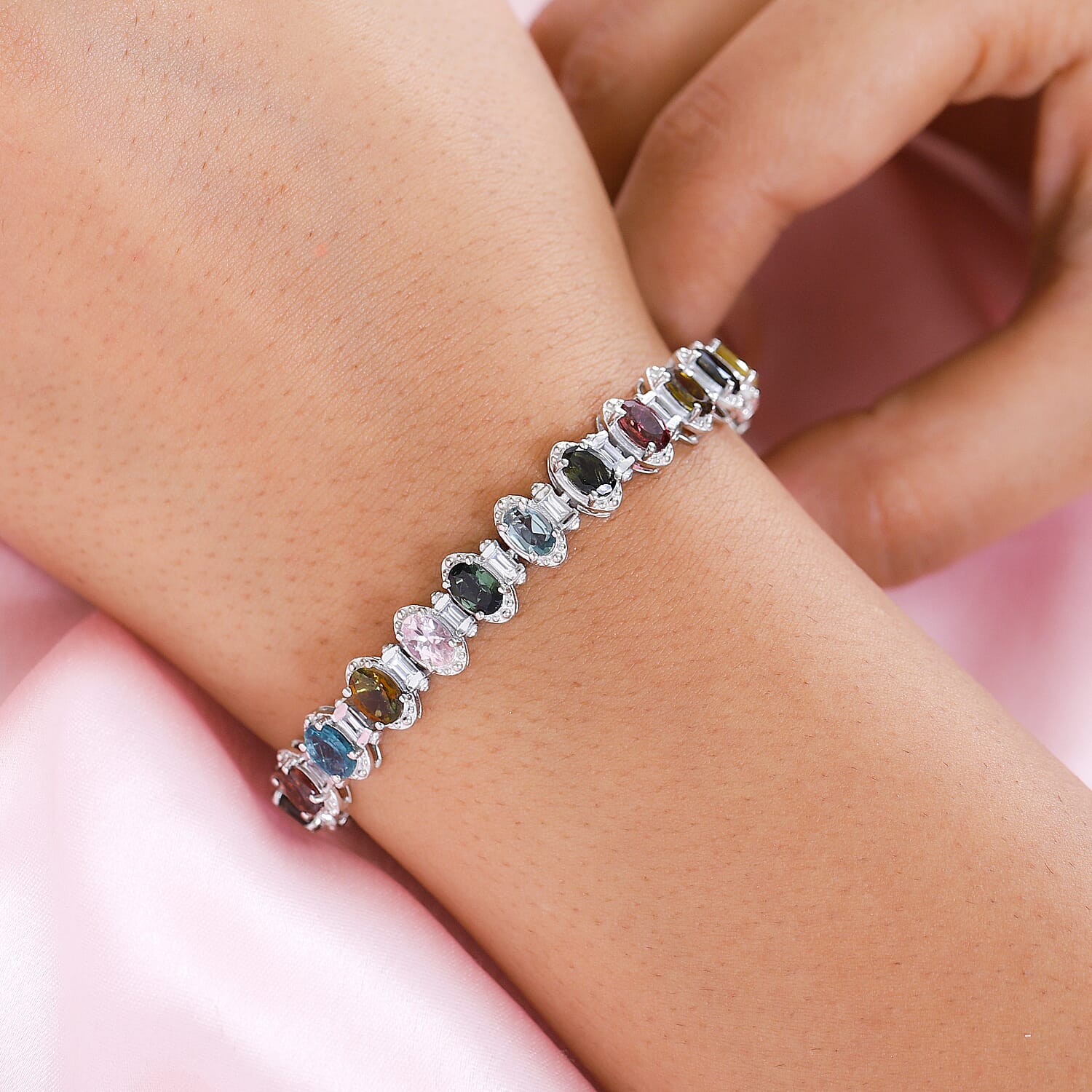 Multi-Tourmaline and Natural Cambodian Zircon Bracelet (Size - 7) in Platinum Overlay Sterling Silver 12.65 Ct.