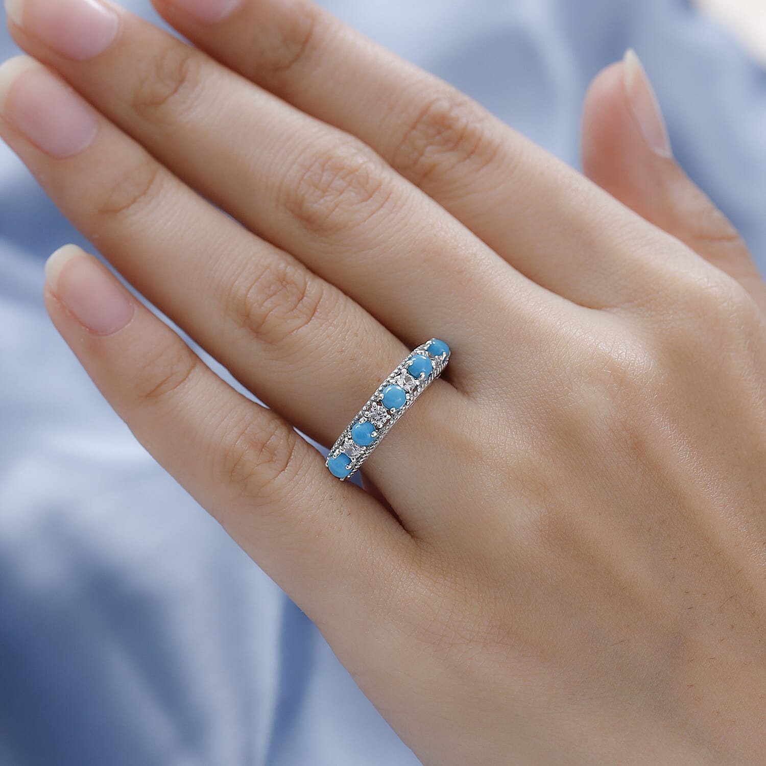 Arizona Sleeping Beauty Turquoise and Natural Cambodian Zircon Band Ring in Platinum Overlay Sterling Silver 1.130 Ct.