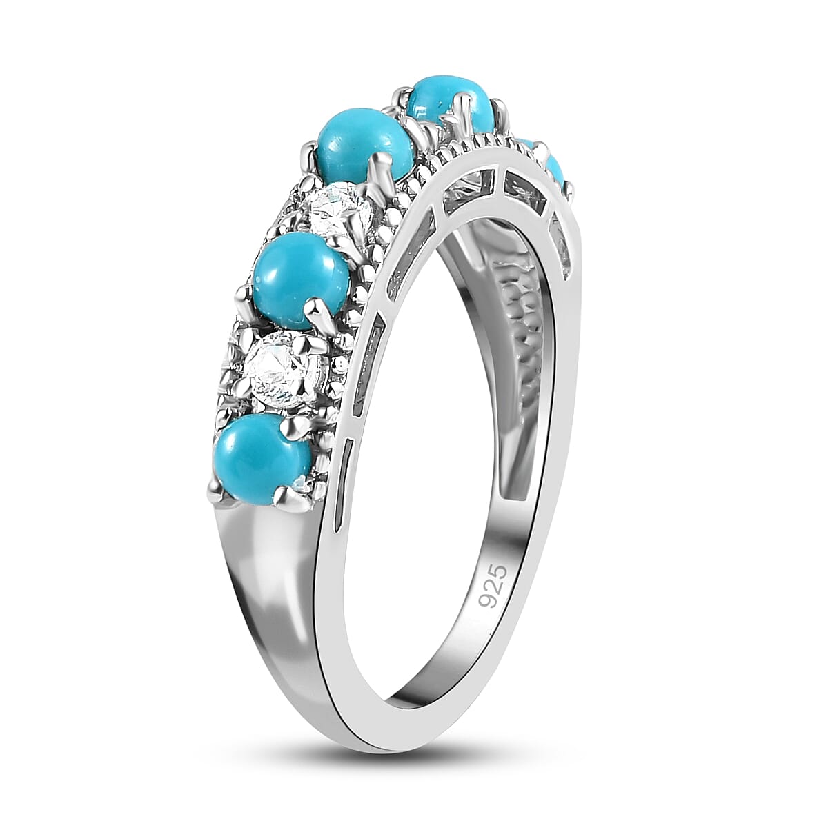 Arizona Sleeping Beauty Turquoise and Natural Cambodian Zircon Band Ring in Platinum Overlay Sterling Silver 1.130 Ct.