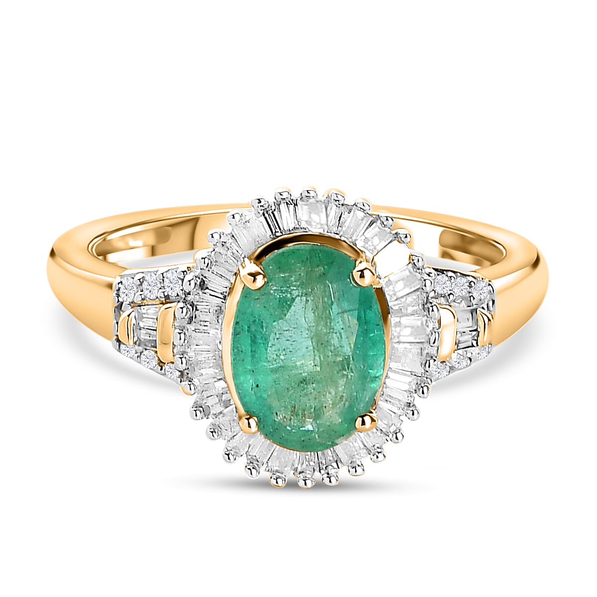 9K Yellow Gold AAA Zambian Emerald and Diamond Halo Ring 1.44 Ct.
