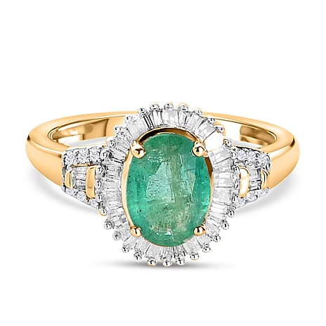 9K Yellow Gold AAA Zambian Emerald and Diamond Halo Ring 1.44 Ct.