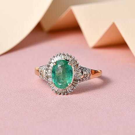 9K Yellow Gold AAA Zambian Emerald and Diamond Halo Ring 1.44 Ct.