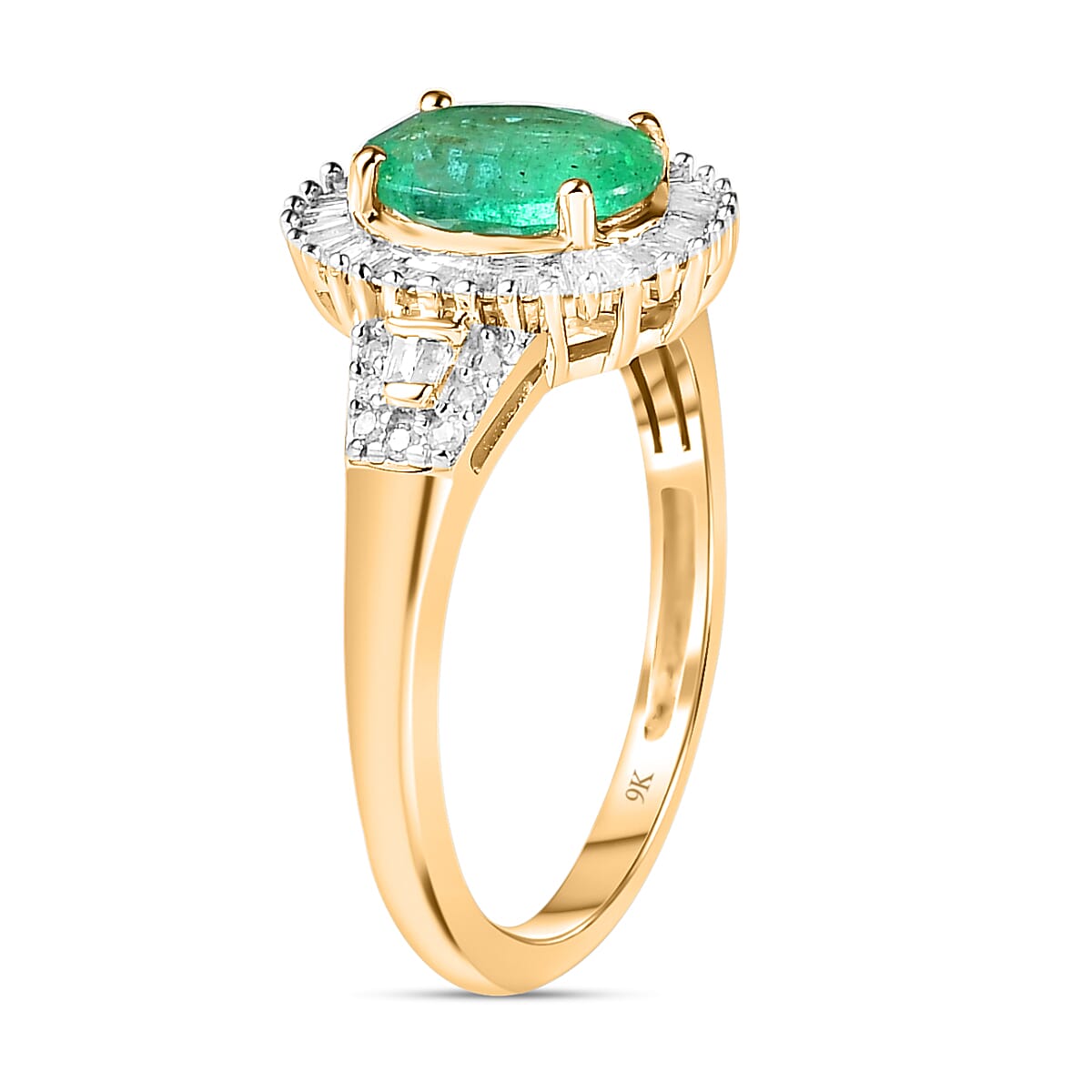 9K Yellow Gold AAA Zambian Emerald and Diamond Halo Ring 1.44 Ct.