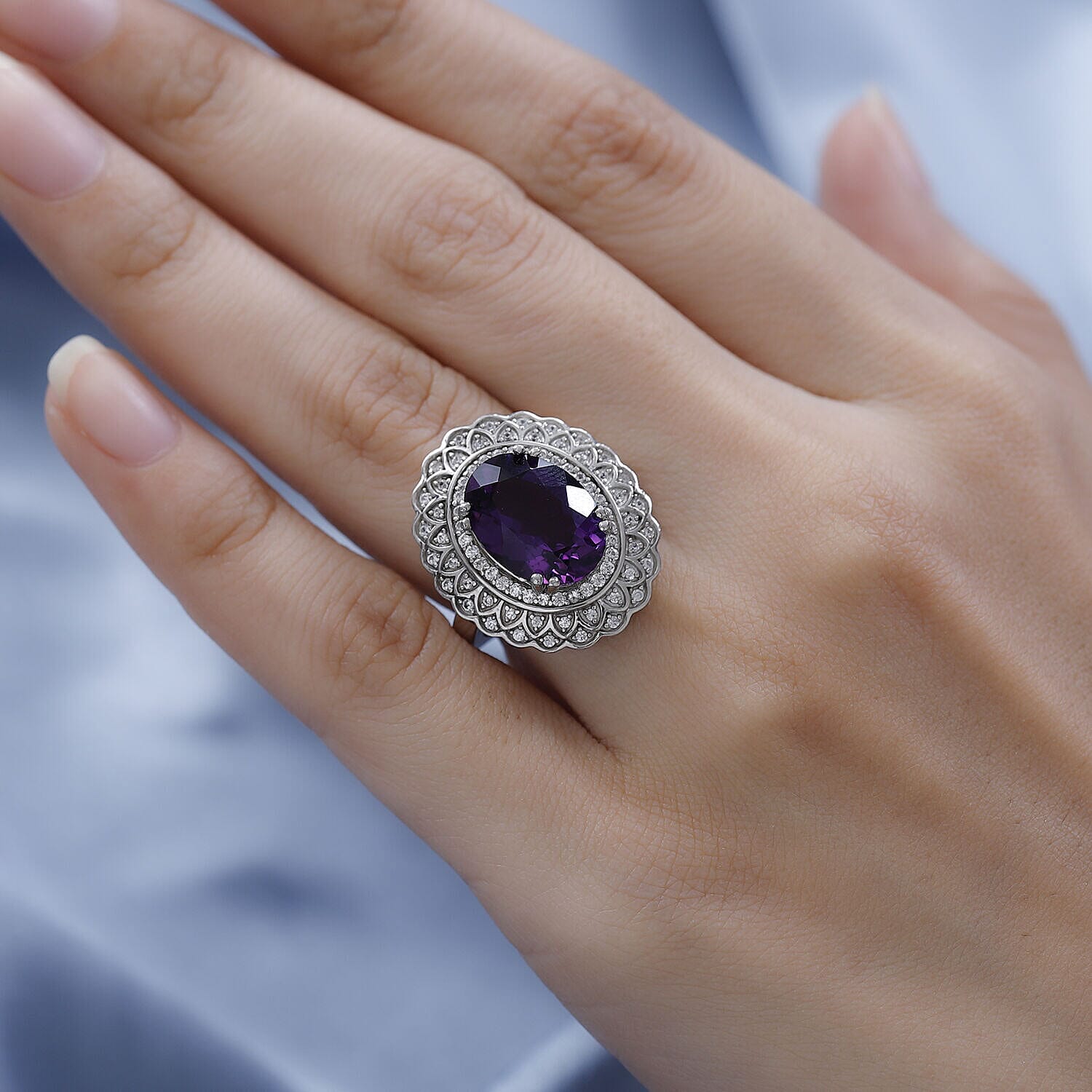 Lusaka Amethyst and Natural Zircon Ring in Platinum Overlay Sterling Silver 6.17 Ct, Silver Wt. 7.32 Gms
