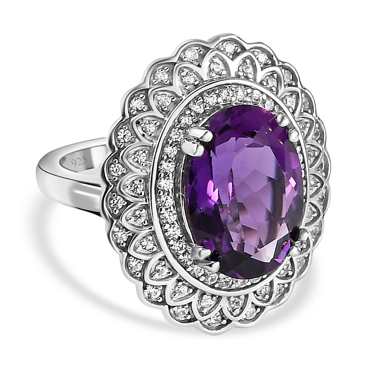 Lusaka Amethyst and Natural Zircon Ring in Platinum Overlay Sterling Silver 6.17 Ct, Silver Wt. 7.32 Gms