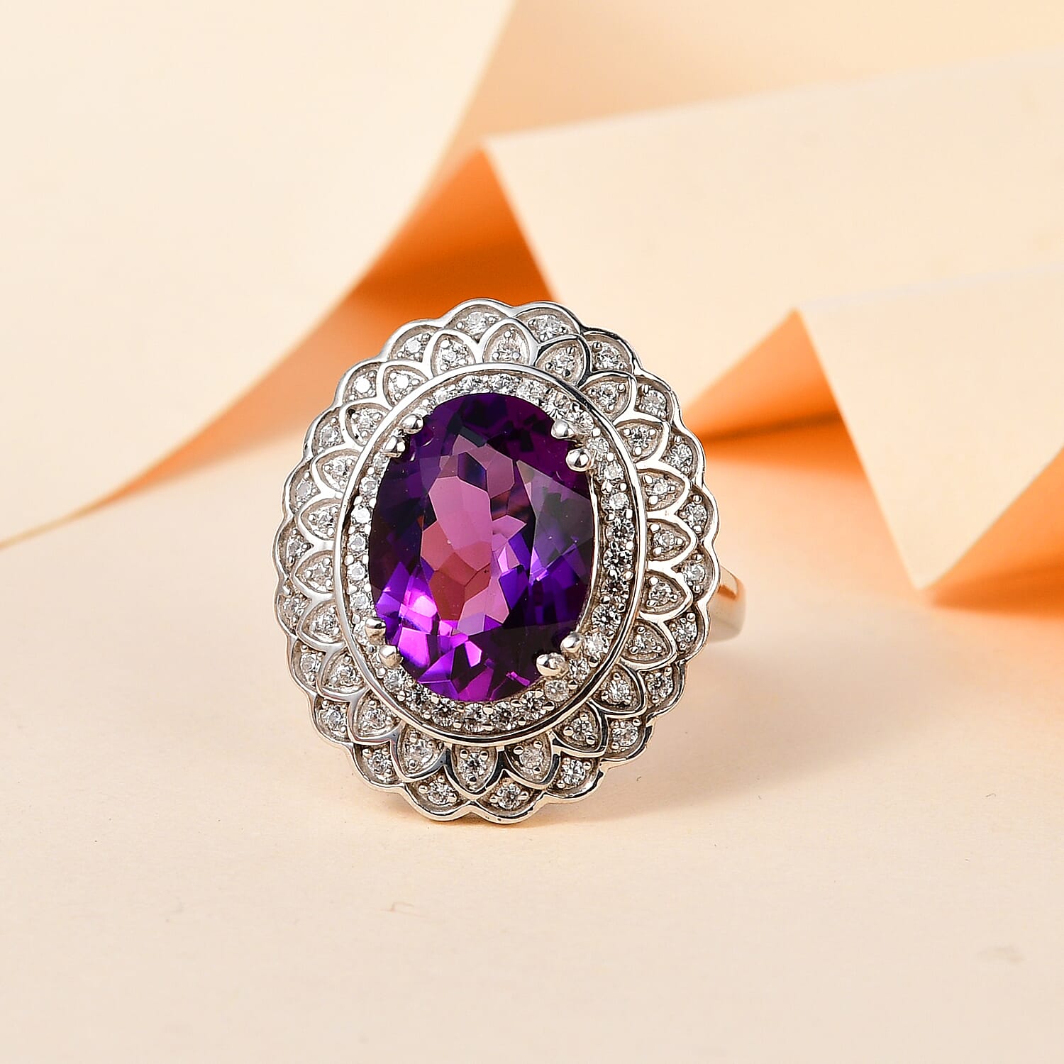 Lusaka Amethyst and Natural Zircon Ring in Platinum Overlay Sterling Silver 6.17 Ct, Silver Wt. 7.32 Gms