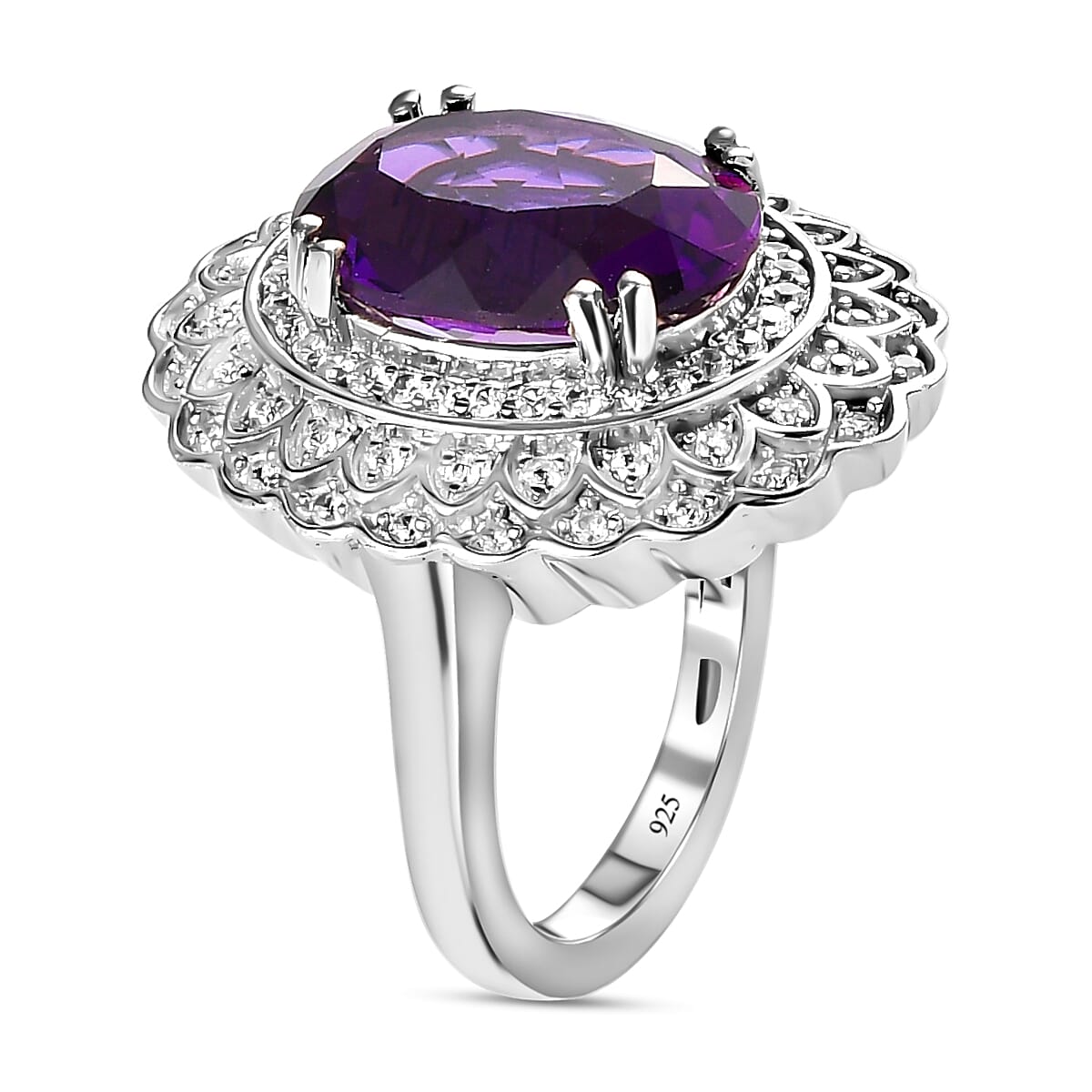 Lusaka Amethyst and Natural Zircon Ring in Platinum Overlay Sterling Silver 6.17 Ct, Silver Wt. 7.32 Gms
