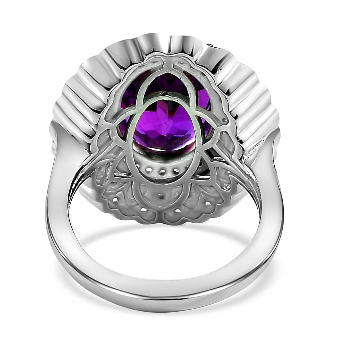 Lusaka Amethyst and Natural Zircon Ring in Platinum Overlay Sterling Silver 6.17 Ct, Silver Wt. 7.32 Gms