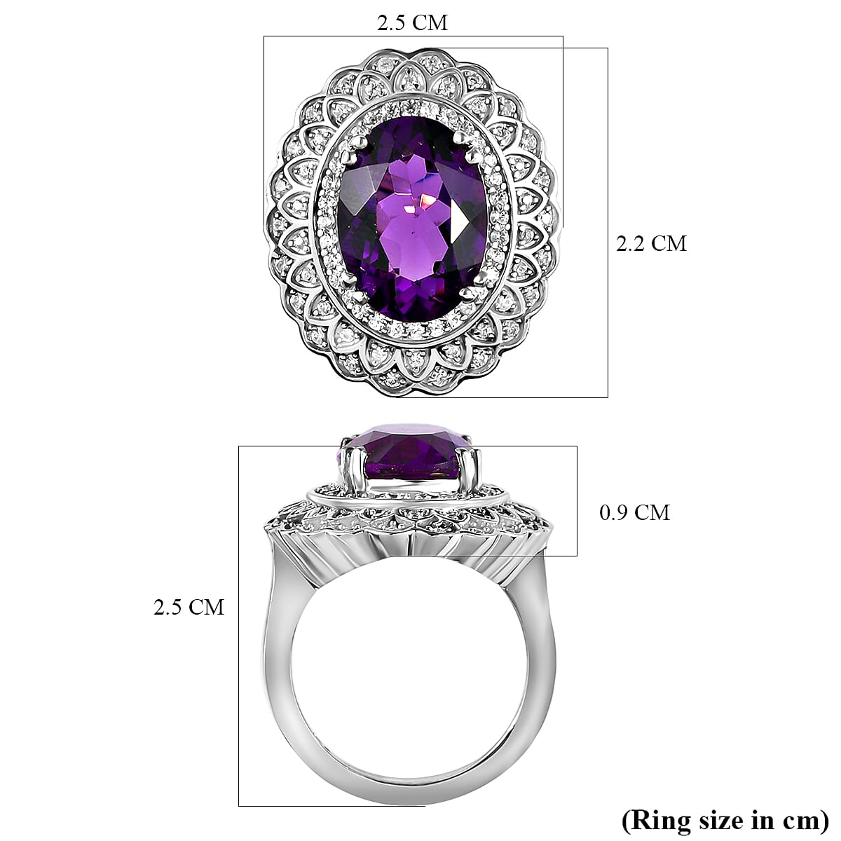 Lusaka Amethyst and Natural Zircon Ring in Platinum Overlay Sterling Silver 6.17 Ct, Silver Wt. 7.32 Gms