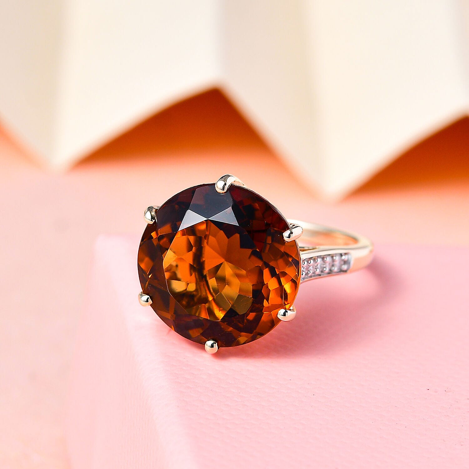9K Yellow Gold Madeira Citrine and Moissanite Ring 9.56 Ct.