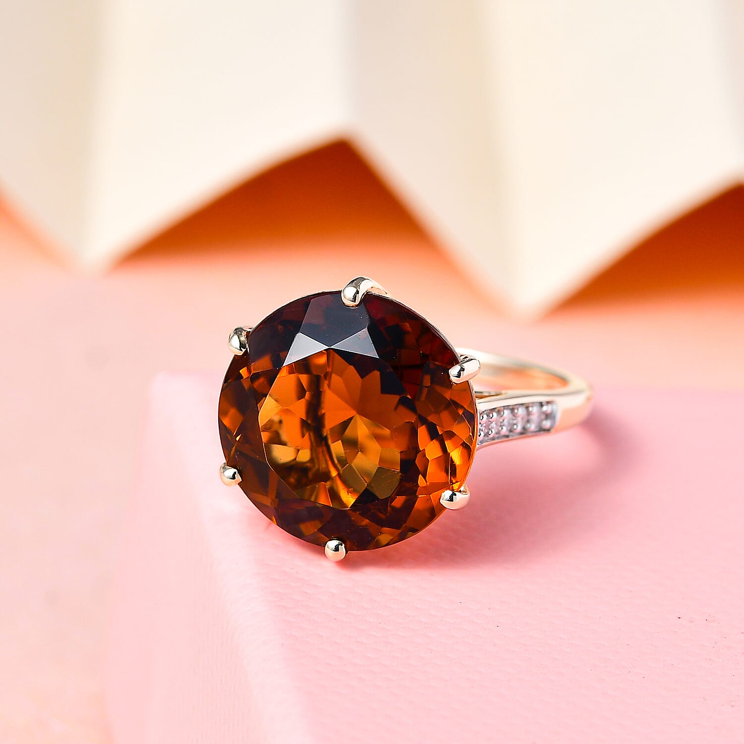 9K Yellow Gold Madeira Citrine and Moissanite Ring 9.56 Ct.