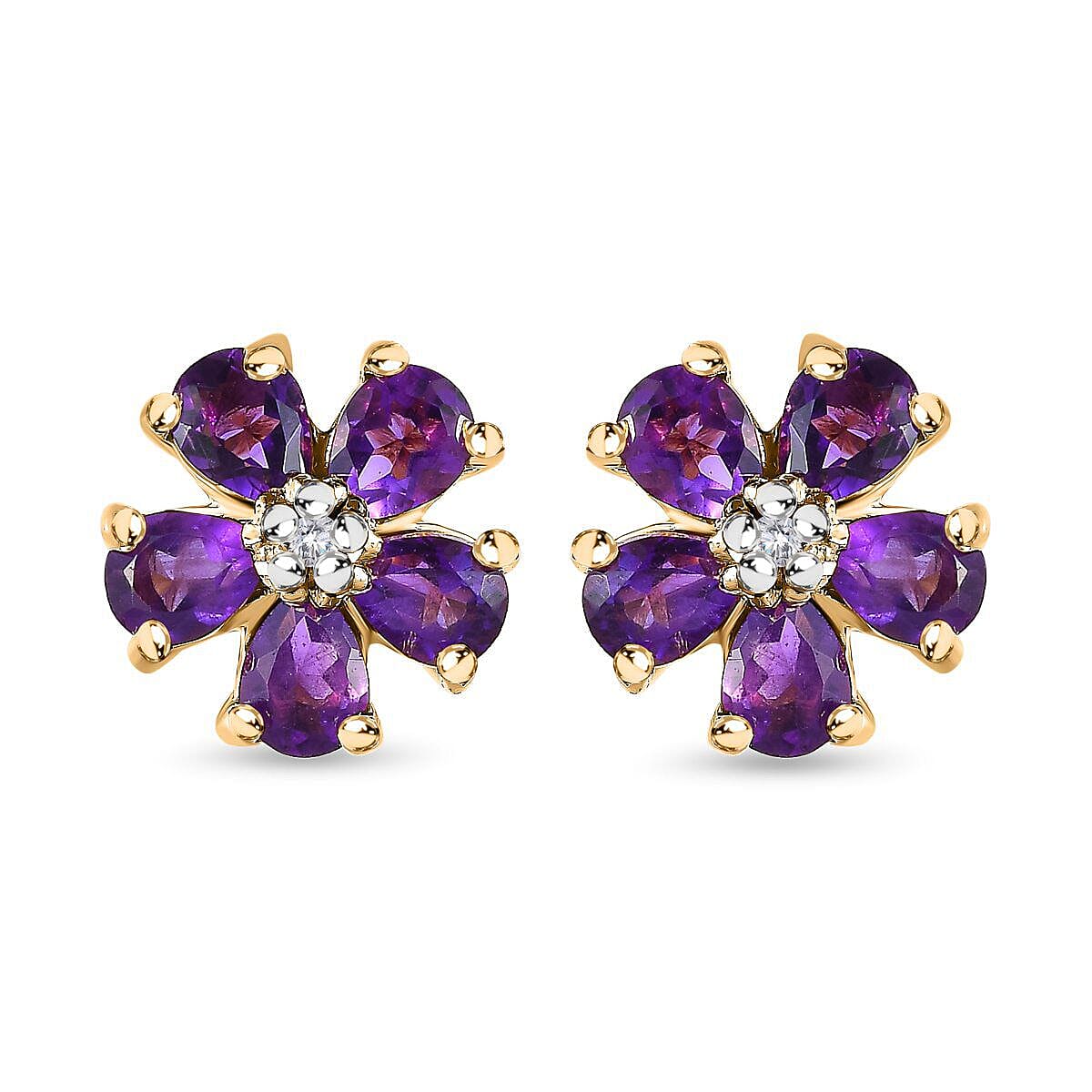 Amethyst and Diamond Earrings (with Push Post) in 18K Vermeil Yellow Gold Plated Sterling Silver 1.552 Ct.