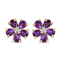 Amethyst and Diamond Earrings (With Push Back)  in 18K Vermeil Yellow Gold Plated Sterling Silver 1.552 Ct.