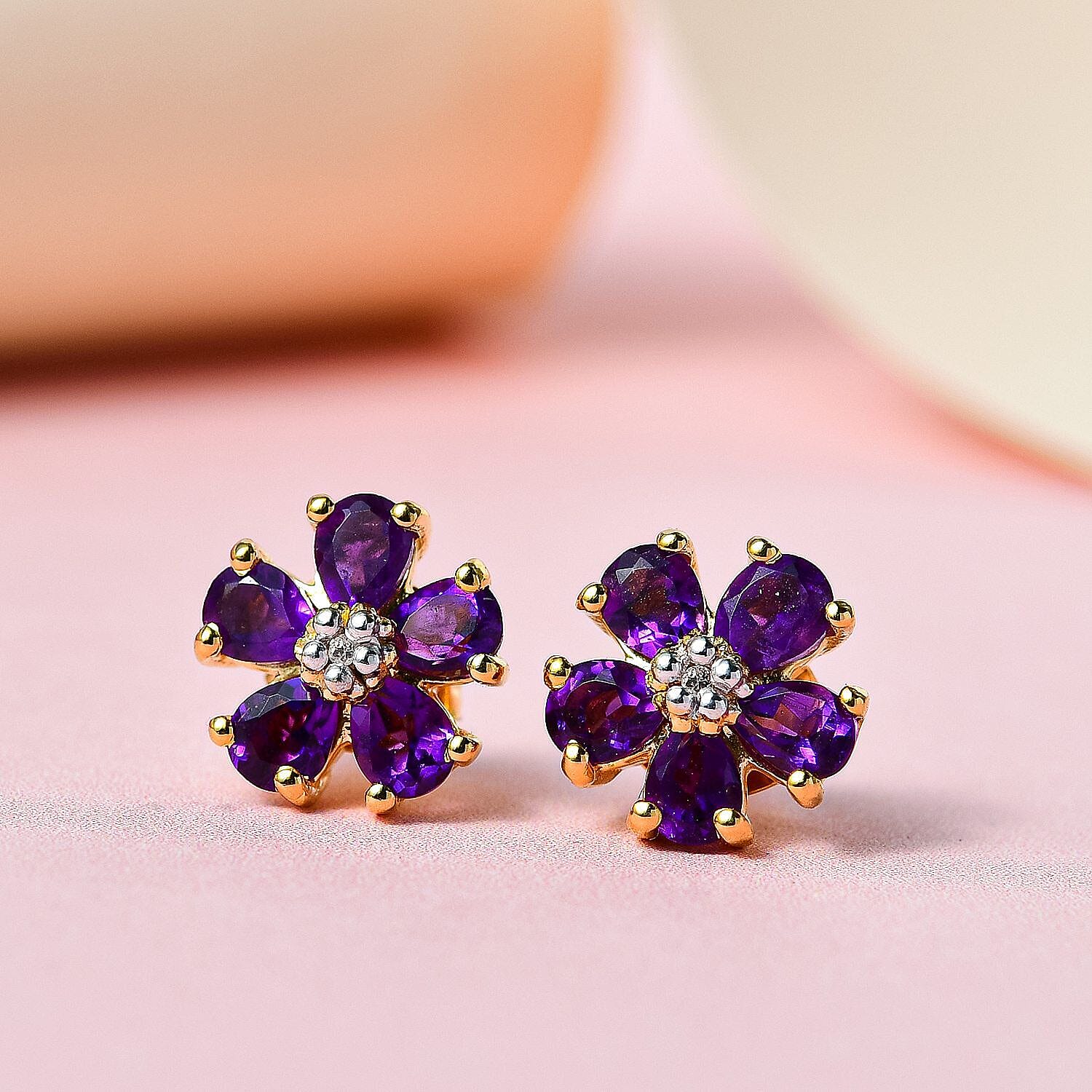 Amethyst and Diamond Earrings (with Push Post) in 18K Vermeil Yellow Gold Plated Sterling Silver 1.552 Ct.