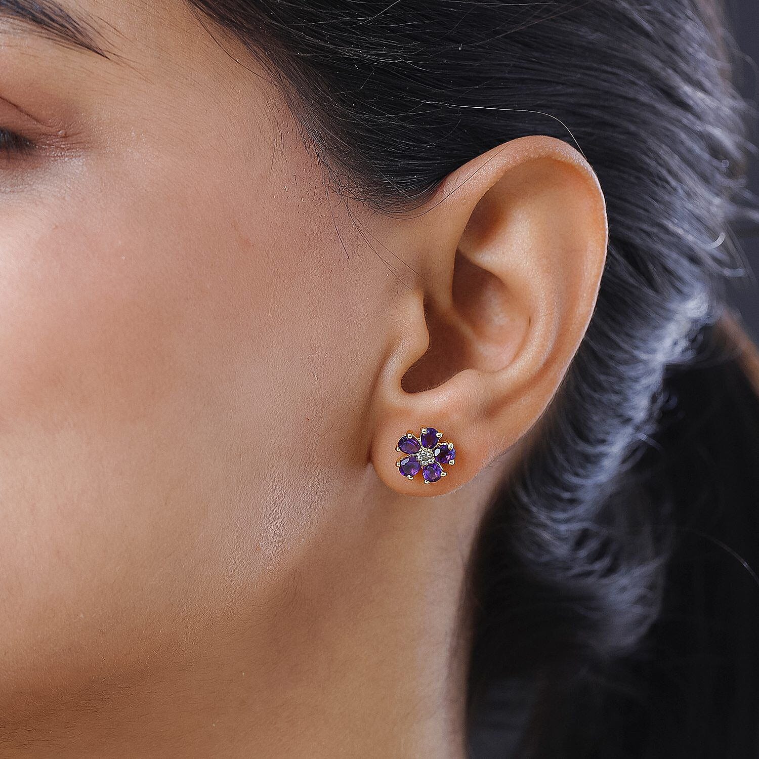 Amethyst and Diamond Earrings (with Push Post) in 18K Vermeil Yellow Gold Plated Sterling Silver 1.552 Ct.