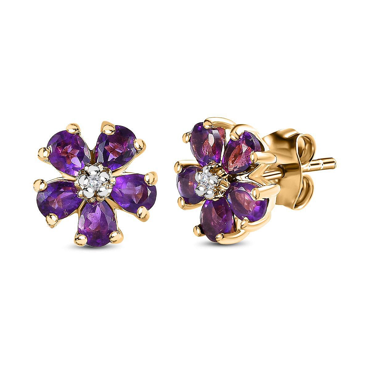 Amethyst and Diamond Earrings (with Push Post) in 18K Vermeil Yellow Gold Plated Sterling Silver 1.552 Ct.